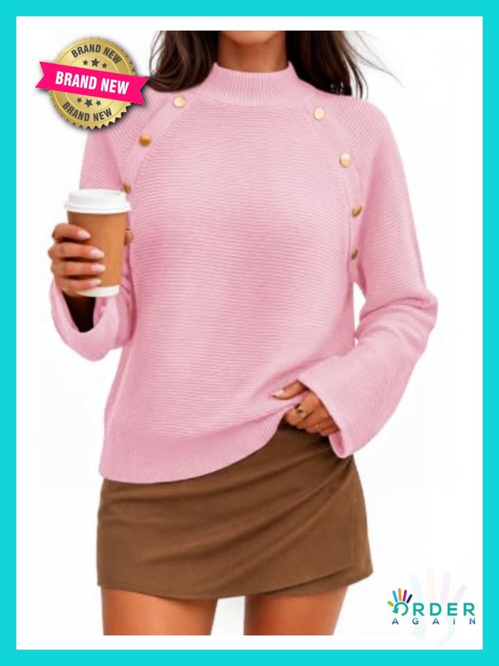 Mock Neck Ribbed Knit Pullover Sweater with Metal Button Detail